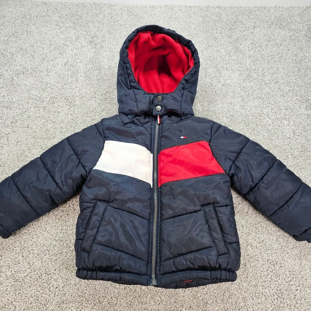 Tommy Hilfiger Kids Puffer Jacket Navy Red White Colorblock Hooded‎ 24 Months
